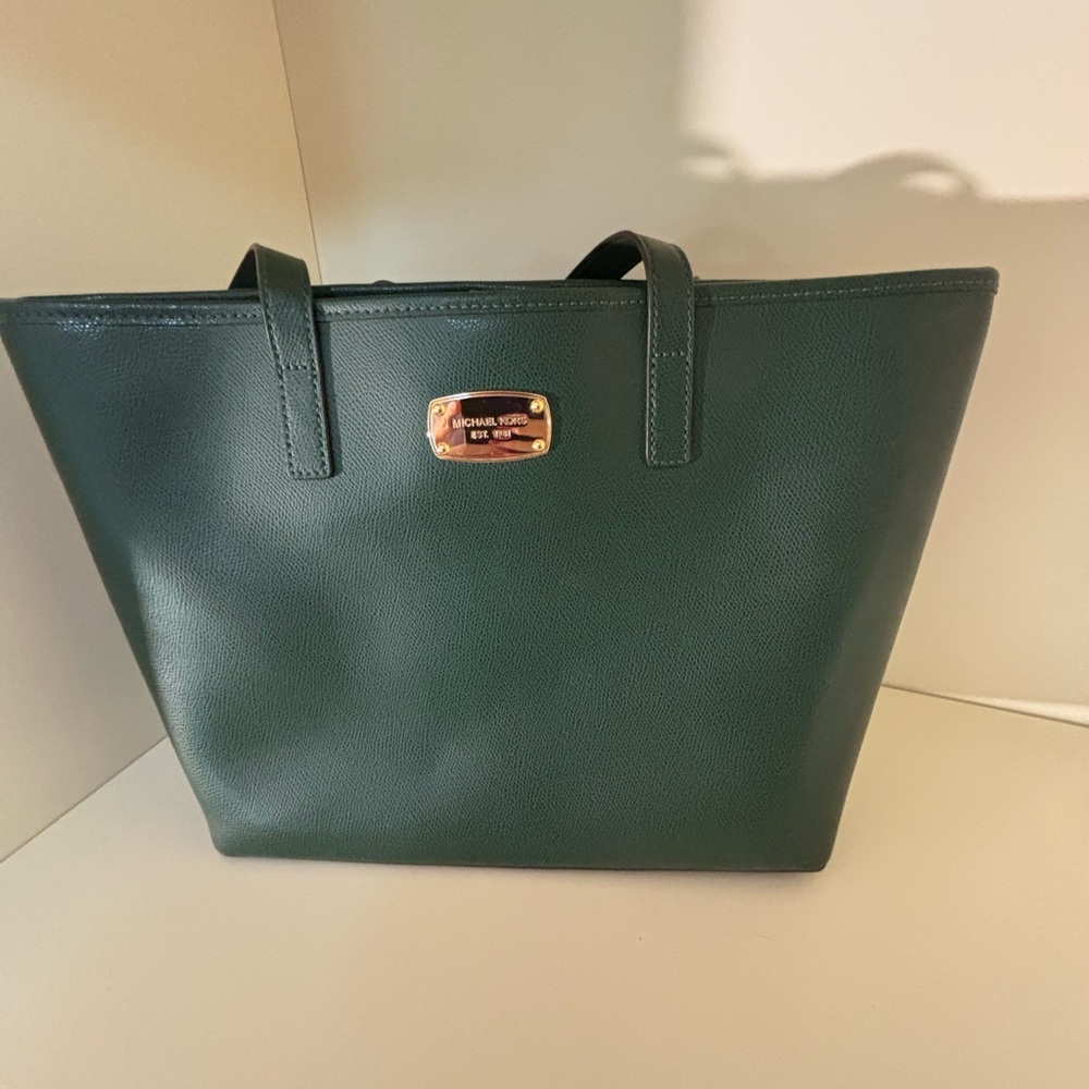 Michael Kors Green Leather Tote with Trapezoidal Design